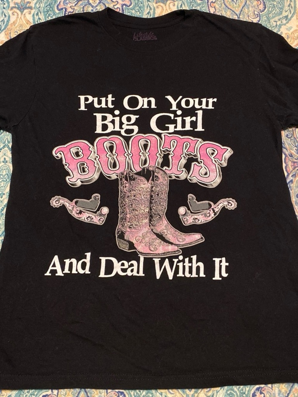 Black Graphic Tee with Pink Boots Slogan by Lifestyle Classics